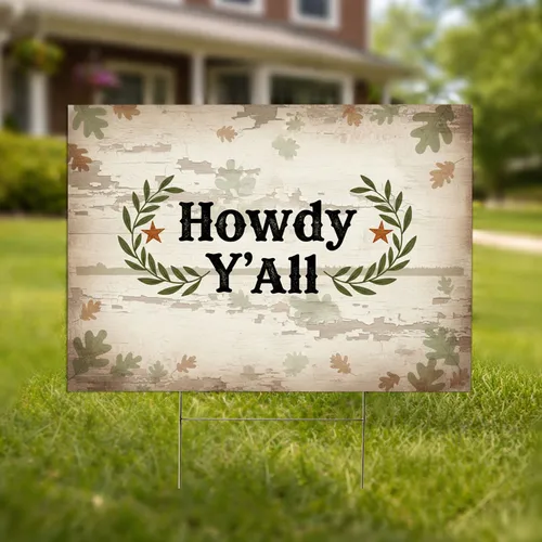 Howdy Y'all Oak Leaves Branches Star Weathered Wood Farmhouse Country Home Decor Gift Yard Sign