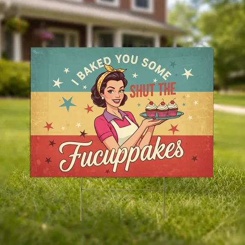 Retro Pin Up Housewife Cupcakes Shut The Fucuppakes - Funny Baking Lover Gift Yard Sign