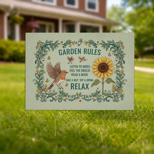 Garden Rules Robin Sunflower - Garden Decor Gift for Gardeners Yard Sign