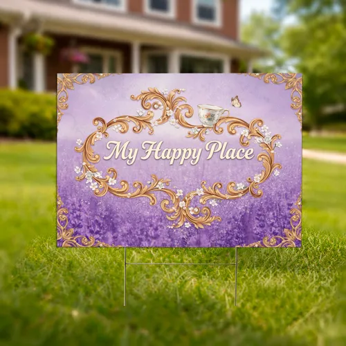 My Happy Place Gold Scroll Butterfly Teacup Home Decor Gift Yard Sign