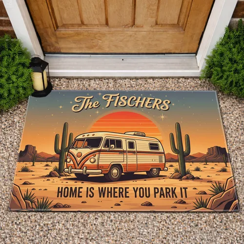 Custom Name Home Is Where You Park It Camper Van Desert Sunset Saguaro - Home Decor Gift Doormat