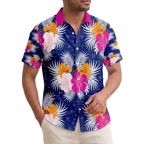 Pink Hibiscus Orange Flowers White Palm Fronds - Tropical Getaway Gift Hawaiian Shirt