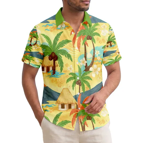 Coconut Palm Tree Beach Hut Island Waves - Summer Vacation Home Decor Gift for Travelers Hawaiian Shirt