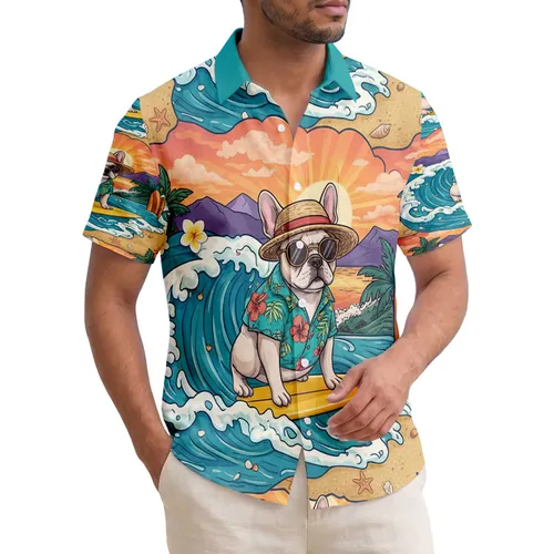 French Bulldog Surfing Ocean Waves Sandy Beach Sunset - Tropical Lifestyle Gift for Dog Lover Hawaiian Shirt