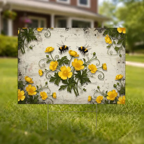 Realistic Bumblebee Buttercup Flowers Rustic Wood Grain - Nature Lover Gift Yard Sign