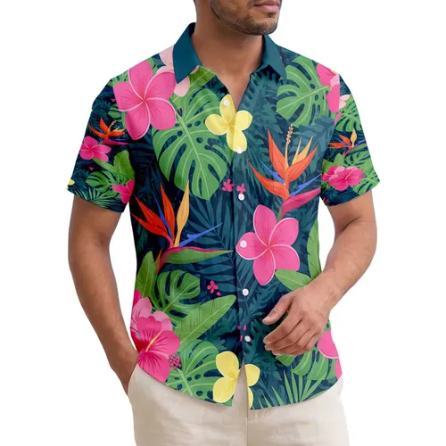 Plumeria Bird of Paradise Hibiscus Monstera Palm Leaves - Tropical Vacation Gift Hawaiian Shirt
