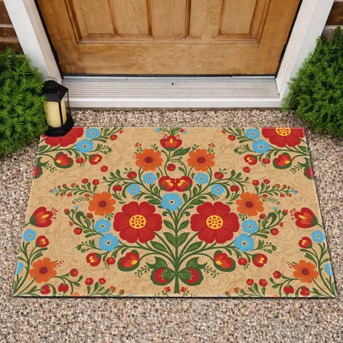 Folk Art Multi-petal Floral Garden Red Orange Blue - Rustic Handcrafted Home Decor Gift Doormat