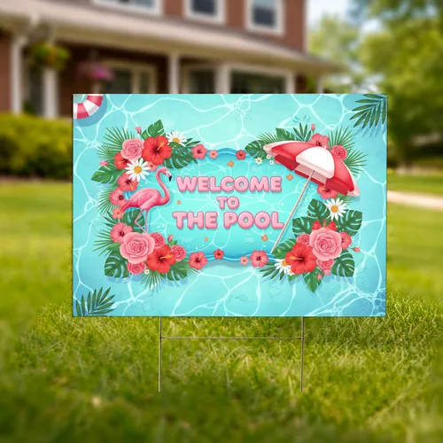 Welcome To The Pool Flamingo Beach Umbrella Sparkling Water Poolside Decor Yard Sign