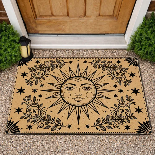 Celestial Sun Face Dotted Rays Ornate Vines Stars - Home Decor Gift Doormat