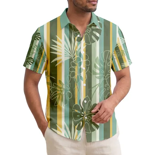 Monstera Palm Fronds Plumeria Tropical Stripes - Home Decor Gift Hawaiian Shirt