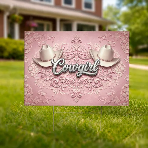 Cowgirl Cowboy Hat Floral Scrollwork - Western Country Home Decor Gift Yard Sign