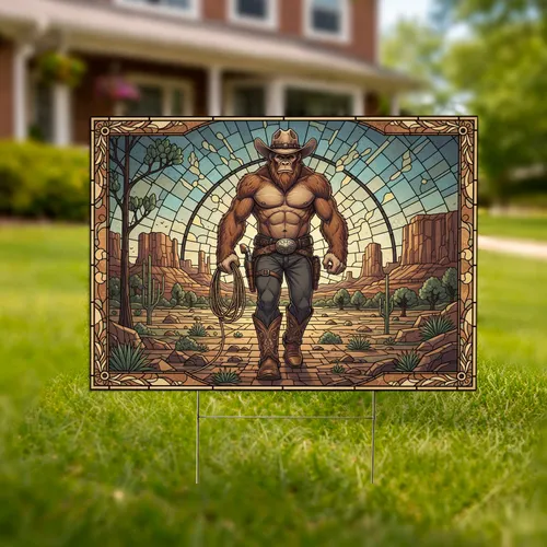 Bigfoot Cowboy Stained Glass Landscape - Western Outdoor Decor Gift for Bigfoot Lovers Yard Sign