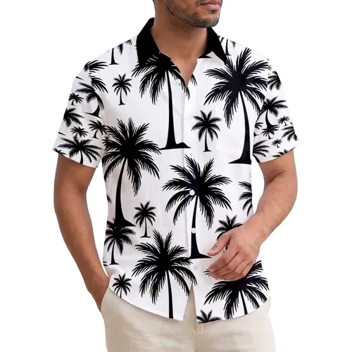 Black Silhouette Palm Tree Fronds Tropical - Island Getaway Lifestyle Hawaiian Shirt