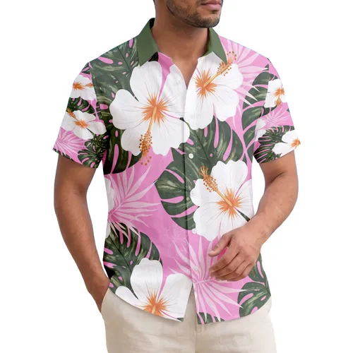 White Hibiscus Tropical Leaves Pink Palm Fronds - Home Decor Gift Hawaiian Shirt
