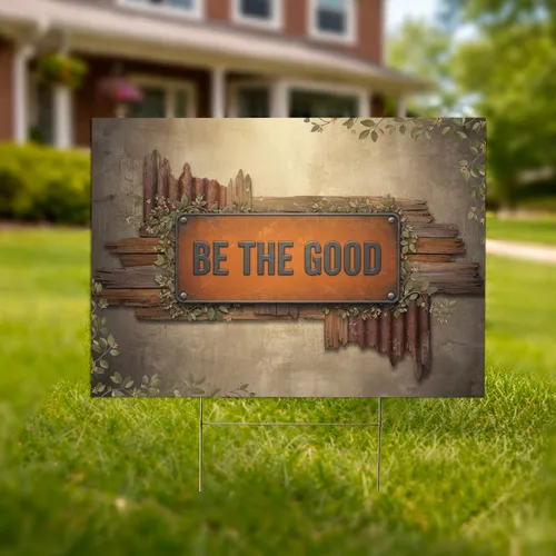Weathered 'BE THE GOOD' Metal Plaque Rustic Orange Industrial Foliage Outdoor Decor Yard Sign