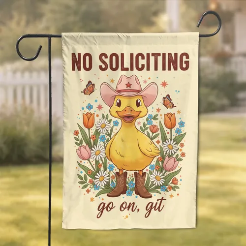 NO SOLICITING Yellow Duck Cowboy Hat Wildflowers - Rustic Farmhouse Decor Garden Flag