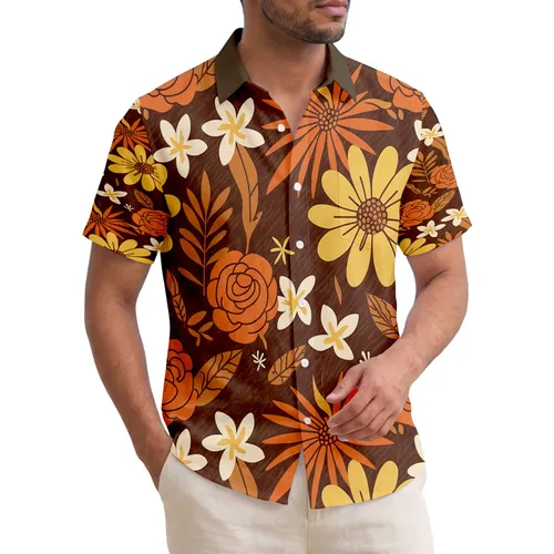 Dark Brown Yellow Daisy Orange Rose Plumeria Leaves Tropical Blooms - Home Decor Gift Hawaiian Shirt