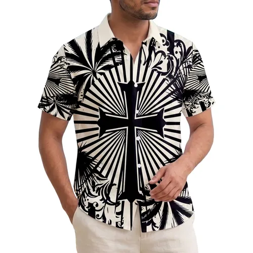 Radiating Sunburst Cross Palm Frond Wave Vertical Stripe Tropical Lifestyle Gift Hawaiian Shirt