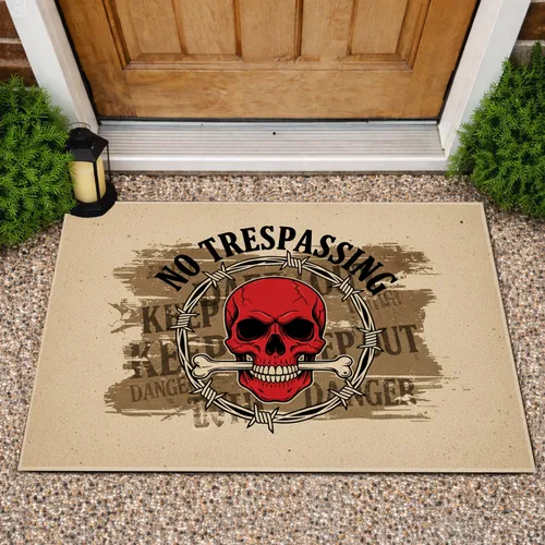 No Trespassing Red Skull Barbed Wire Wreath - Bold Rustic Home Entrance Decor Doormat