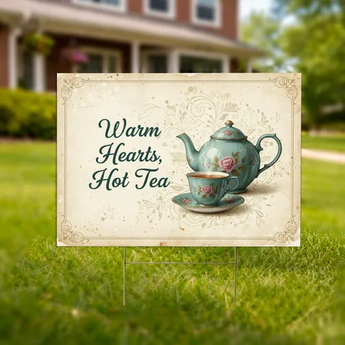 'Warm Hearts Hot Tea' Teapot Teacup Floral Tea Lover Home Decor Gift Yard Sign