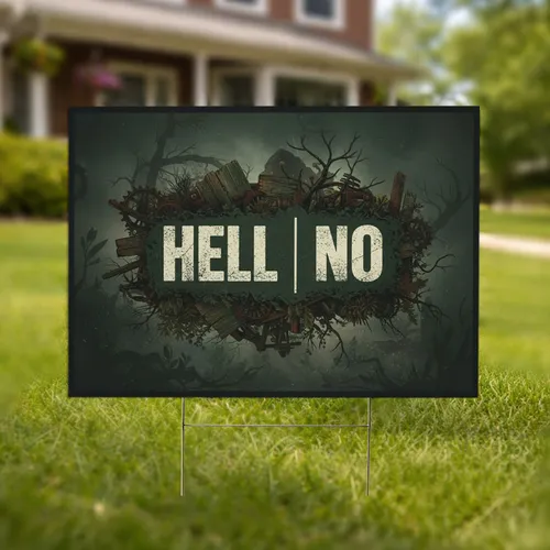 Weathered HELL NO Text Block - Gritty Forest Industrial Defiant Outdoor Statement Decor Yard Sign
