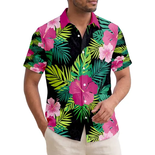 Hibiscus Flowers Palm Fronds Deep Black Background - Home Decor Gift for Tropical Living Hawaiian Shirt