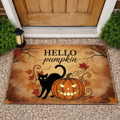 Black Cat Jack-O'-Lantern Hello Pumpkin - Halloween Home Decor Gift Doormat