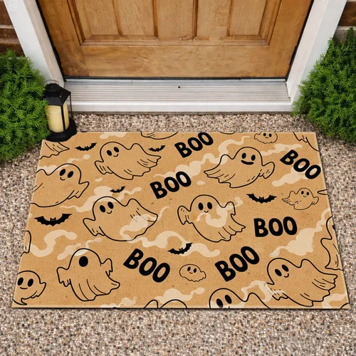 Bold Outline Varied Cartoon Ghosts BOO Text - Rustic Halloween Front Door Decor Doormat