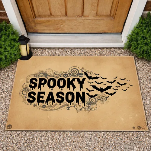 Melting Spooky Season Text Silhouetted Bats Rustic Halloween Fall Decor Doormat