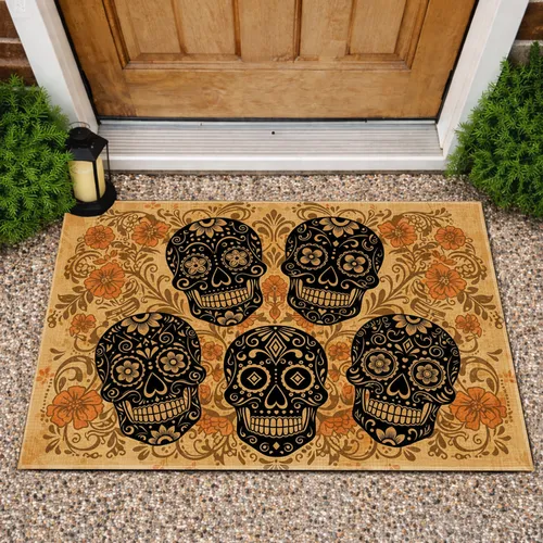 Decorated Sugar Skulls Marigold Floral Heart Scrollwork - Mexican Folk Art Decor Doormat
