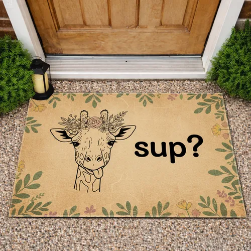 Botanical Leaf Giraffe Head Flowers 'sup?' Wildlife Lover Home Decor Gift for Animal Lover Doormat