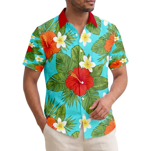 Aqua Blue Vibrant Hibiscus Plumeria Banana Leaves Palm Fronds - Home Decor Gift Hawaiian Shirt