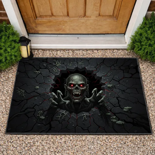 Zombie Head Clawed Hands Jagged Hole Cracked Stone - Gothic Horror Decor Gift Doormat
