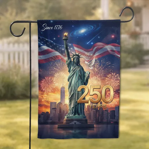 Statue of Liberty Fireworks Cityscape - USA 250th Anniversary Independence Day Garden Flag