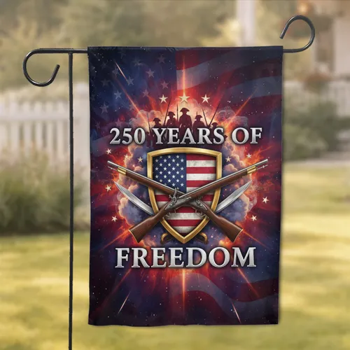 American Flag Shield Revolutionary Soldiers 250 Years of Freedom Independence Day Gift Garden Flag