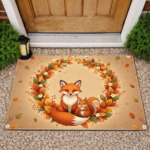 Red Fox Squirrel Autumnal Wreath - Fall Season Welcome Wildlife Decor Doormat