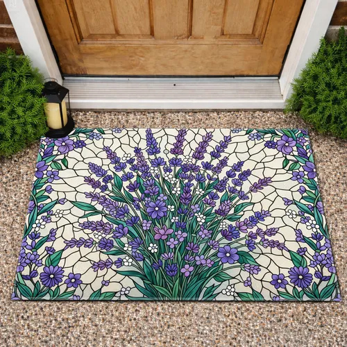 Stained Glass Lavender Purple Indigo Floral Arrangement - Home Decor Gift Doormat