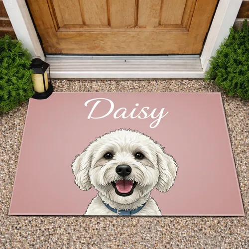 Fluffy White Dog Custom Name Portrait - Home Decor Gift for Dog Lover Doormat
