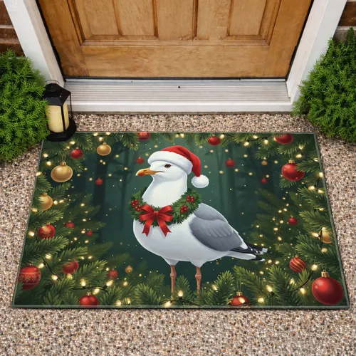 Seagull Santa Hat Christmas Wreath Evergreen Forest - Christmas Decor Gift Doormat