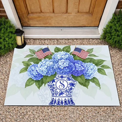 American Flag Hydrangea Custom Letter Monogram Chinoiserie Vase - Independence Day Home Decor Gift Doormat