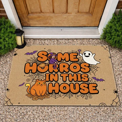 Horrors In This House Witch Ghost Pumpkin Cat - Rustic Halloween Decor Doormat