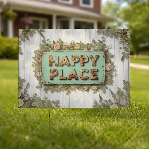 Happy Place Rustic Mint Teal Sign - Cottage Garden Outdoor Decor Gift Yard Sign