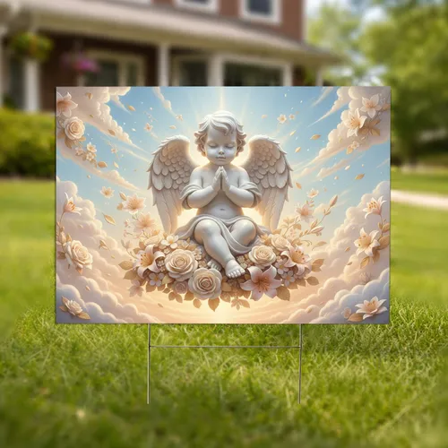 Alabaster Cherub Angel Statue Praying Flowers Celestial Clouds Serenity Decor Yard Sign