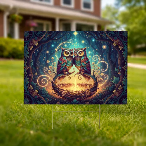 Owls Glowing Nest Enchanted Forest Home Decor Gift for Owl Lover Yard Sign