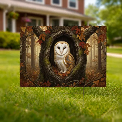 Barn Owl Gnarled Tree Autumn Forest Scene - Home Decor Gift for Wildlife Lover Yard Sign