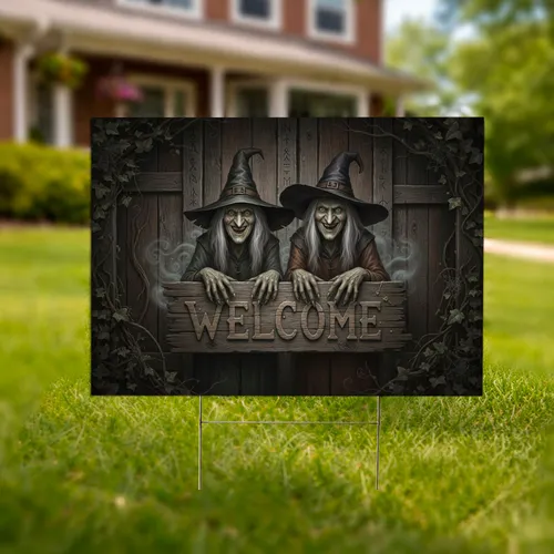Ghoulish Cackling Witches Welcome Sign - Dark Fantasy Halloween Outdoor Decor Yard Sign