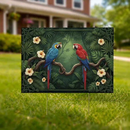 Vibrant Macaws Tropical Jungle Foliage - Wildlife Lover Gift Yard Sign