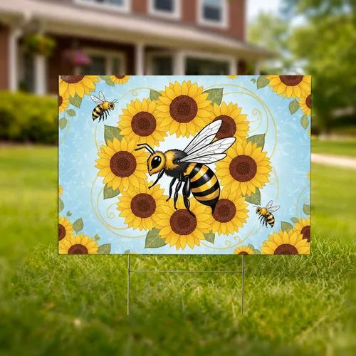 Honeybee Swirling Pollen Sunflower Botanical Garden - Home Decor Gift for Garden Lovers Yard Sign
