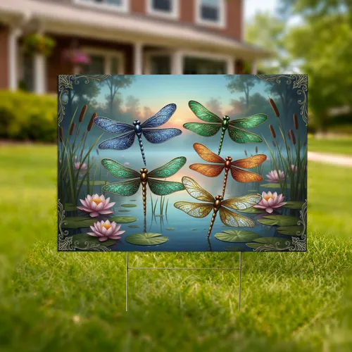 Dragonflies Water Lilies Pond Cattails - Nature Lover Home Decor Gift Yard Sign