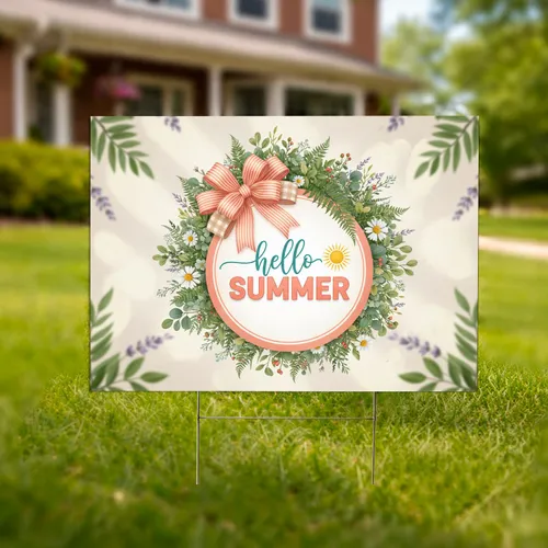 Hello Summer Sunrise, Ornate Bow, Lush Botanical Wreath - Summer Outdoor Decor Yard Sign